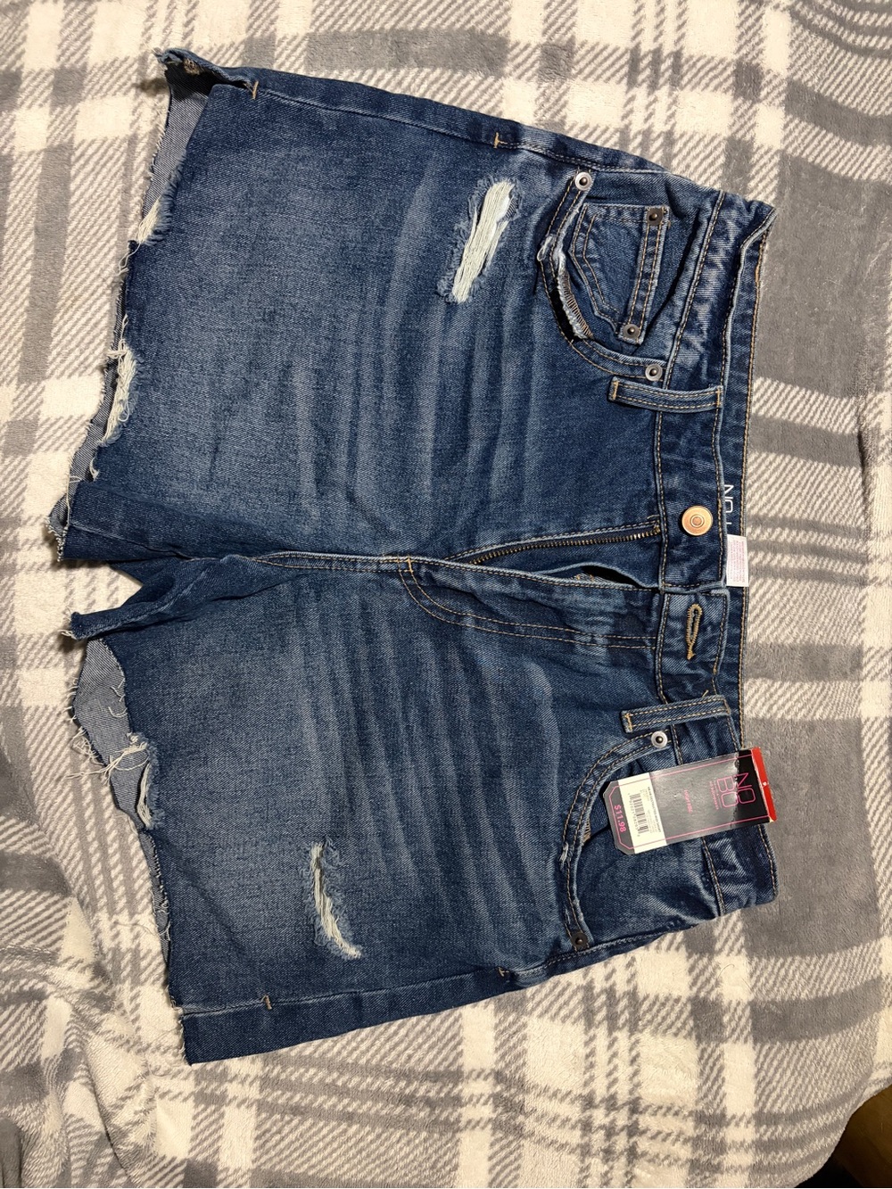 No Boundaries Dark Blue High-Rise Destructed Midi Jean Shorts